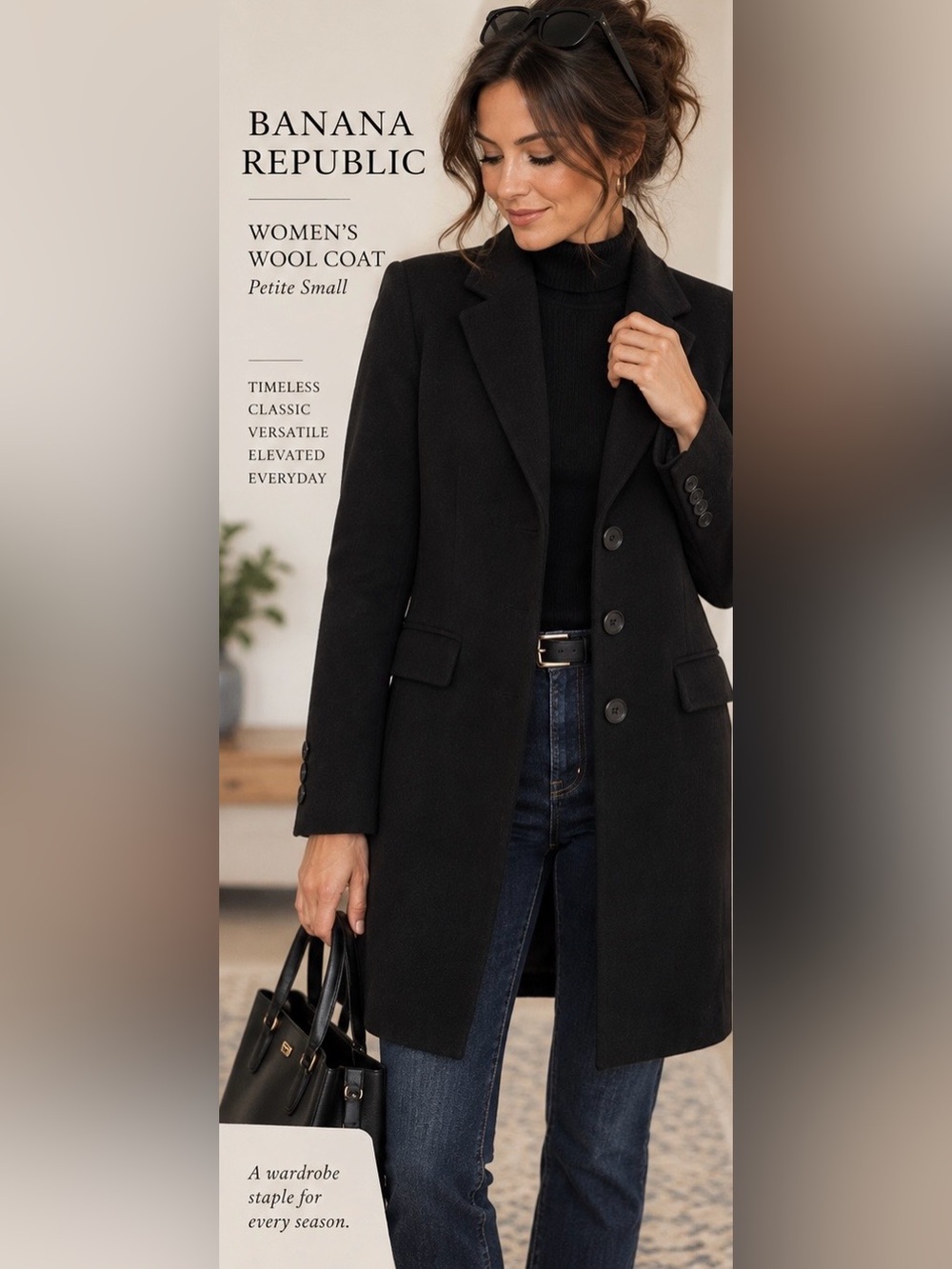 Banana Republic Petite S 100% Wool Black Tailored Long Coat Classic